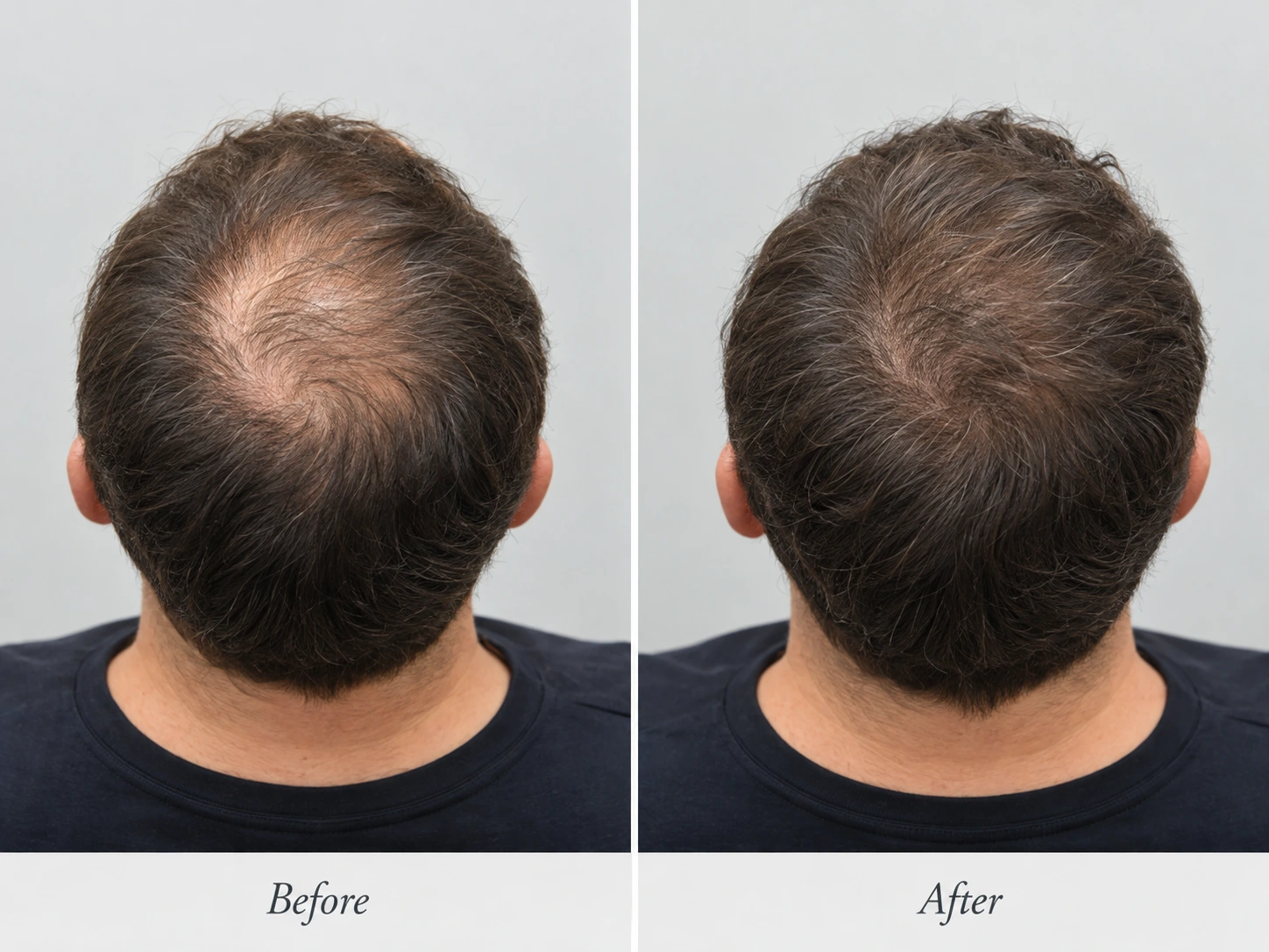 Illustratives Vorher-Nachher-Beispiel einer Haartransplantation – Oberkopfansicht