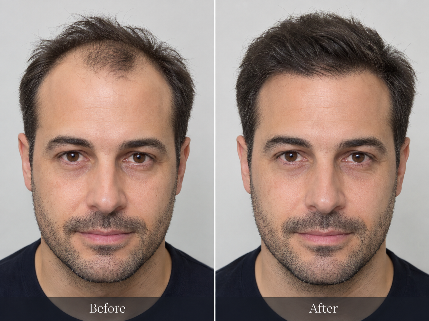Illustratives Vorher-Nachher-Beispiel einer Haartransplantation – Frontansicht